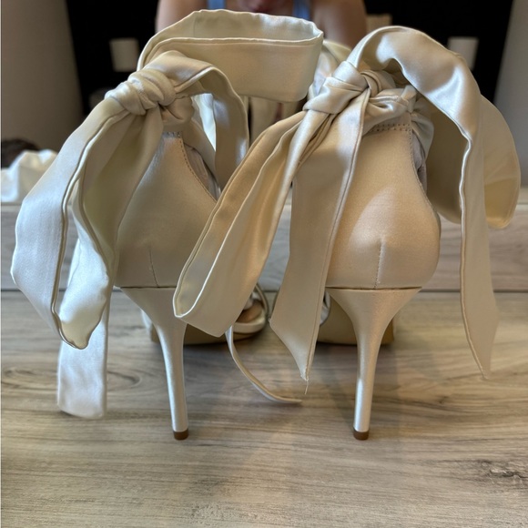 Gianni Bini Cream Satin Heels with Rhinestone Strap - Picture 4 of 14